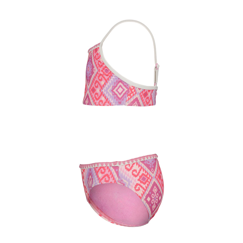 The Roxy Girls' La Palma Bikini Set features a pink and purple geometric design with a one-shoulder top and matching bottoms, shown on a white background.