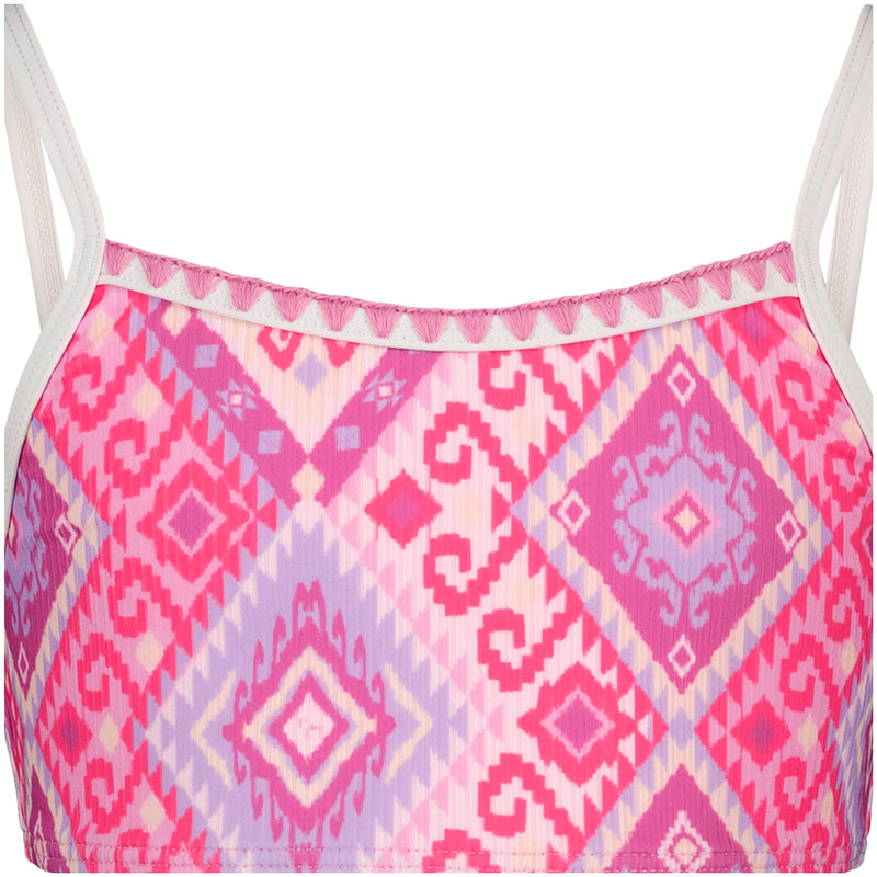 A close-up of the Roxy Girls' La Palma Bikini Set shows a colorful geometric-patterned crop top in pink, purple, and white with adjustable straps and decorative trim—perfect for mixing and matching with your favorite beachwear.