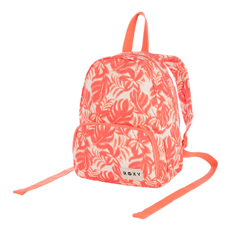 This Roxy Always Core Canvas Backpack is a stylish women’s backpack featuring a coral and white tropical leaf pattern, a convenient front pocket, and matching coral straps. The label on the front pocket reads ROXY, making this printed canvas backpack both fashionable and practical for everyday use.