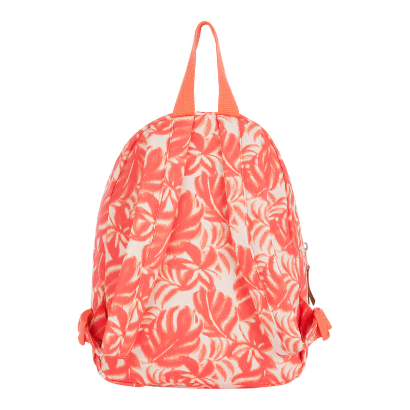 Coral and white Roxy Always Core Canvas Backpack with a tropical leaf print, featuring two adjustable straps and a top handle, shown against a white background. This stylish women’s backpack is perfect for adding a pop of color to your everyday look.