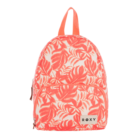 A women’s backpack in the Coral Palm Haze colorway, featuring a tropical leaf pattern in coral and white, with a front zipper pocket and an orange handle. This is the Always Core Canvas Backpack by Roxy, complete with a label on the front pocket that reads ROXY.