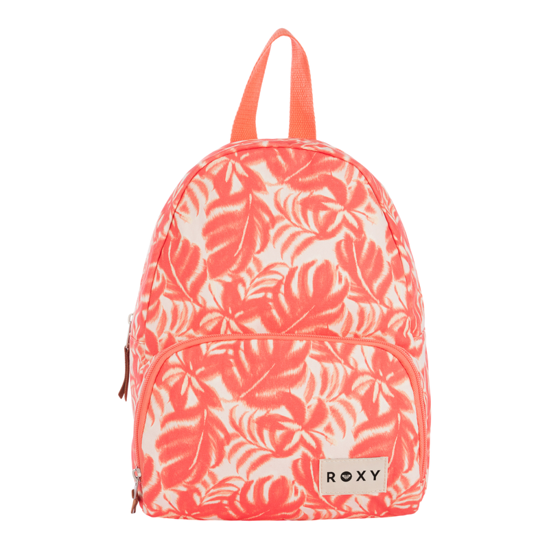 A women’s backpack in the Coral Palm Haze colorway, featuring a tropical leaf pattern in coral and white, with a front zipper pocket and an orange handle. This is the Always Core Canvas Backpack by Roxy, complete with a label on the front pocket that reads ROXY.