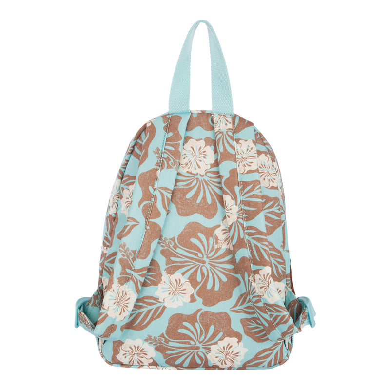 A small, stylish backpack with a blue and brown floral pattern featuring white flowers, the Roxy Always Core Canvas Backpack is crafted from soft cotton material and includes light blue adjustable shoulder straps and a matching loop handle at the top.