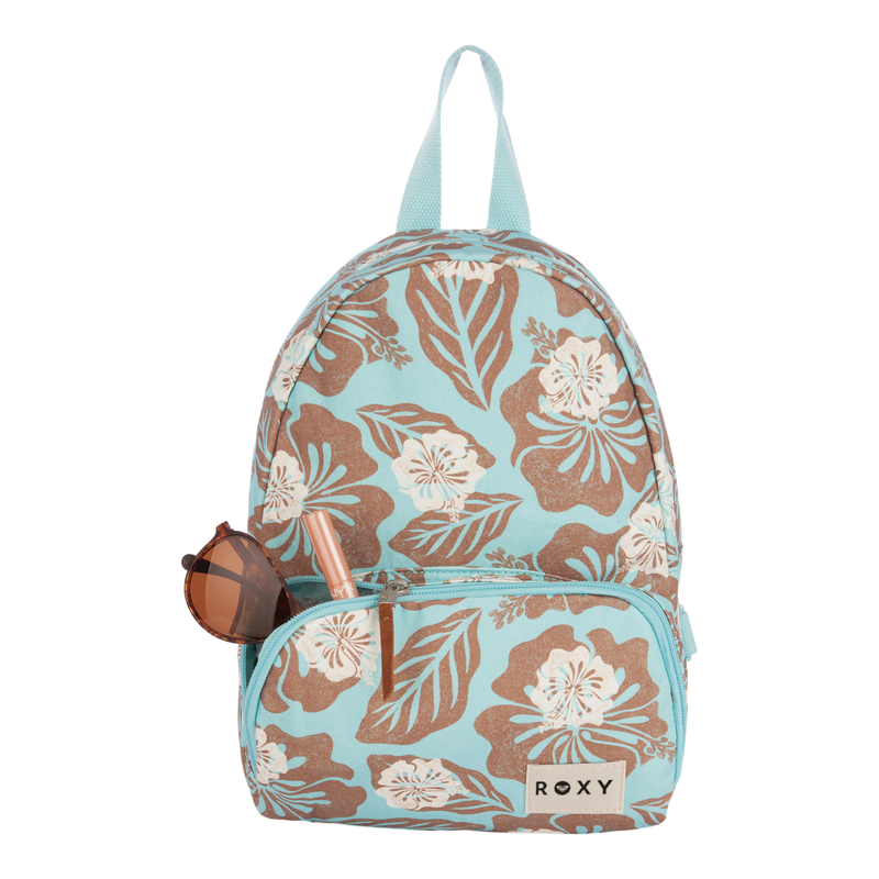 A blue floral Roxy Always Core Canvas Backpack with brown and white flowers. This stylish backpack has sunglasses and a lip balm tucked in the front zippered pocket.