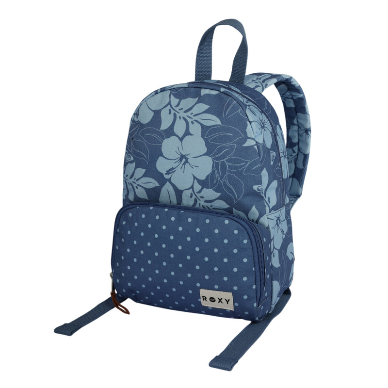 The Always Core Canvas Backpack by Roxy features a blue design with floral patterns on the main section and white polka dots on the front pocket. It includes a handle, two shoulder straps, and has a small Roxy label sewn onto the front pocket.