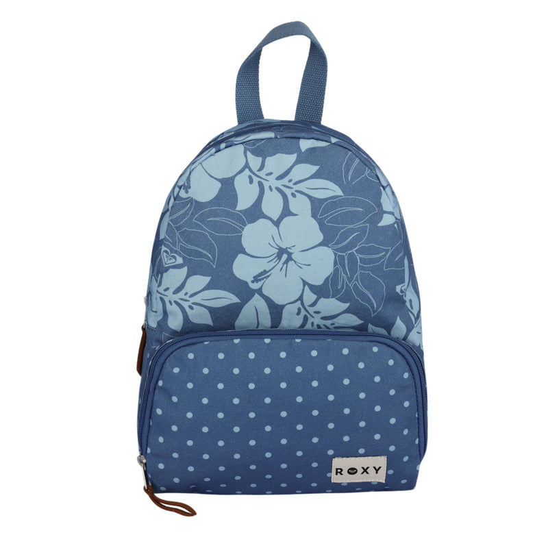 A blue Roxy Always Core Canvas Backpack featuring a floral pattern on the top half, white polka dots on the bottom front pocket, and a small fabric logo patch.