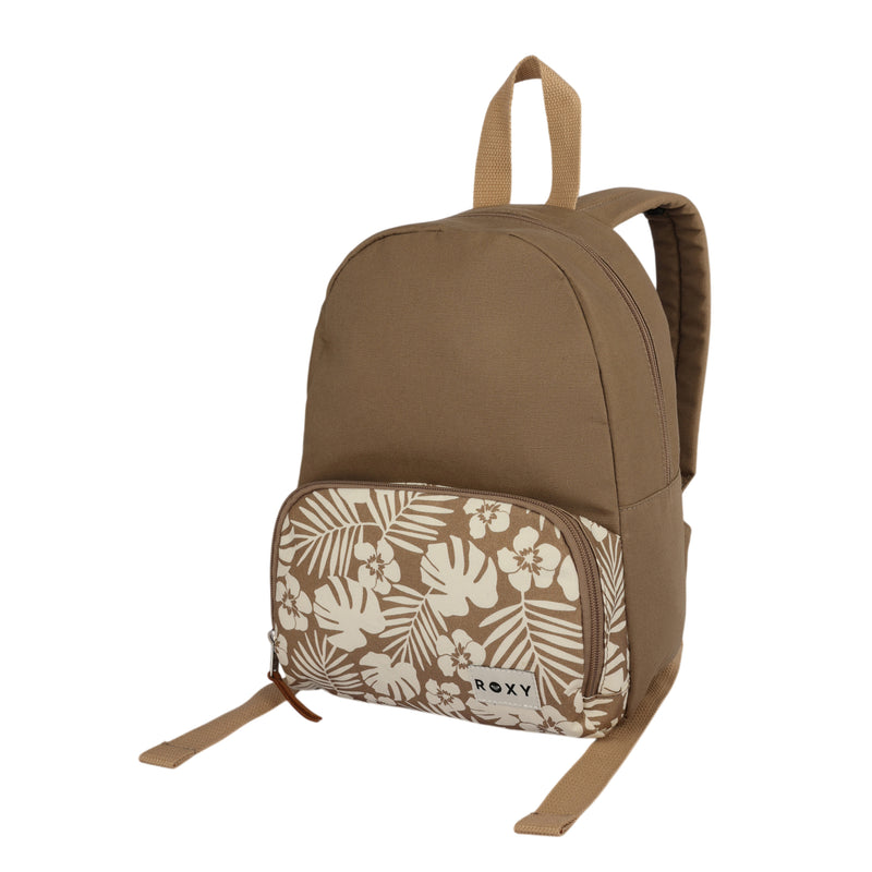 A brown Always Core Canvas Backpack by Roxy, featuring beige straps and a front pocket with a white floral and leaf pattern. The front pocket is accented by a small ROXY label.