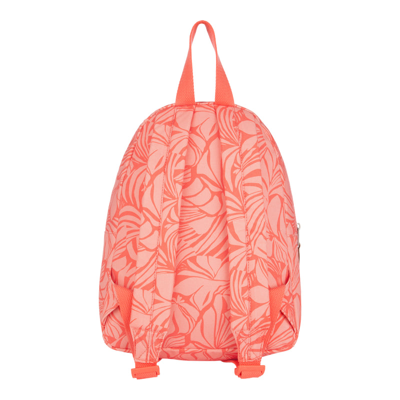 Coral pink ROXY Always Core Canvas Backpack with a tropical leaf pattern, displayed from the back. This eco-conscious bag features adjustable straps and a top carrying handle, combining style and practicality for daily use.