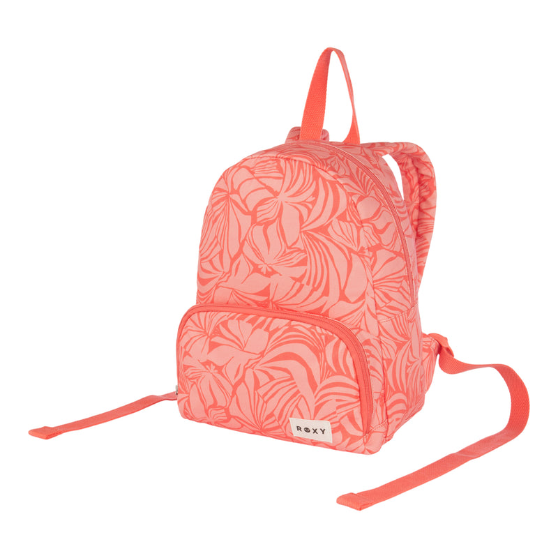 The ROXY Always Core Canvas Backpack is a compact backpack showcasing a pink tropical leaf pattern, with a front zip pocket, top handle, and adjustable shoulder straps. The brand name ROXY is displayed on a small white label on the front pocket, making this eco-conscious backpack both stylish and practical for everyday use.