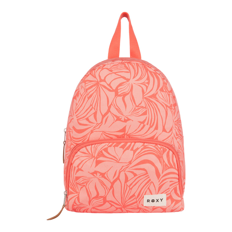 Introducing the ROXY Always Core Canvas Backpack in vibrant pink and coral, featuring a stylish tropical leaf pattern. This compact backpack comes with a convenient front zipper pocket, a sturdy top handle, and is finished with a small white ROXY logo patch on the bottom right. It's perfect for carrying your essentials in style.