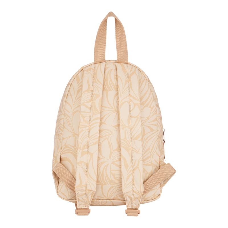 The ROXY Always Core Canvas Backpack in beige features a subtle leafy pattern. The image displays the back of the backpack, showcasing two adjustable shoulder straps and a top handle. With its eco-conscious design and casual style, this backpack is perfect for everyday use.