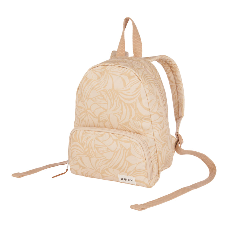 Beige ROXY Always Core Canvas Backpack with a subtle leaf pattern, a front zipper pocket, and adjustable straps. This compact, eco-conscious backpack features the ROXY brand on a small label near the bottom right corner. The background is white.