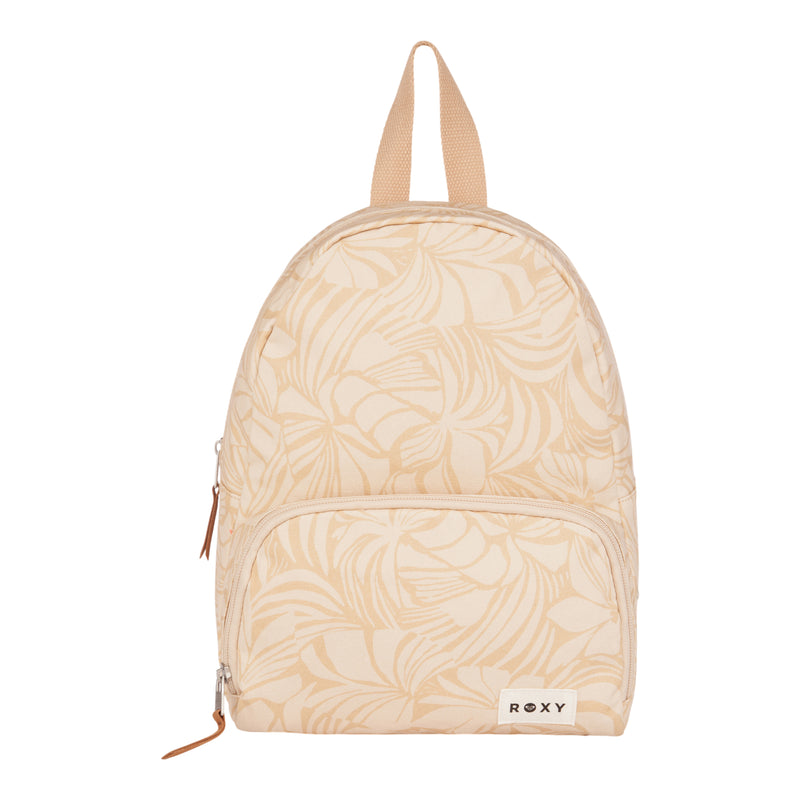 The ROXY Always Core Canvas Backpack in beige features a subtle leaf pattern, a front zipper pocket, a tan handle, and a small white “ROXY” label at the bottom right. Compact and stylish, this backpack is perfect for everyday adventures.