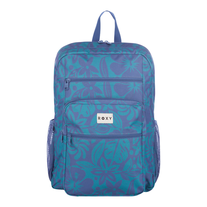 The Roxy Campus Crush Backpack is a blue and teal floral-patterned bag made from recycled polyester, featuring a padded laptop sleeve, two front zipper pockets, side mesh pockets, organizer pockets, a top handle, and the signature ROXY label.