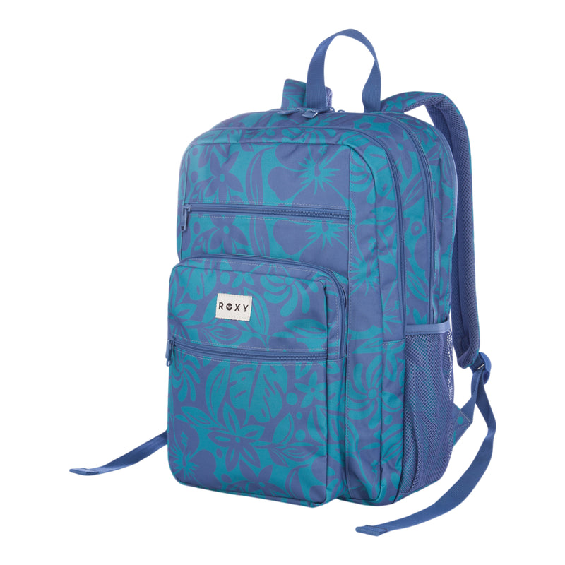 The Roxy Campus Crush Backpack features a blue and teal floral pattern on recycled polyester, with multiple zippered compartments, a mesh side pocket, and a ROXY logo patch on the front. This backpack includes organizer pockets, a padded laptop sleeve, adjustable straps, and a top handle.