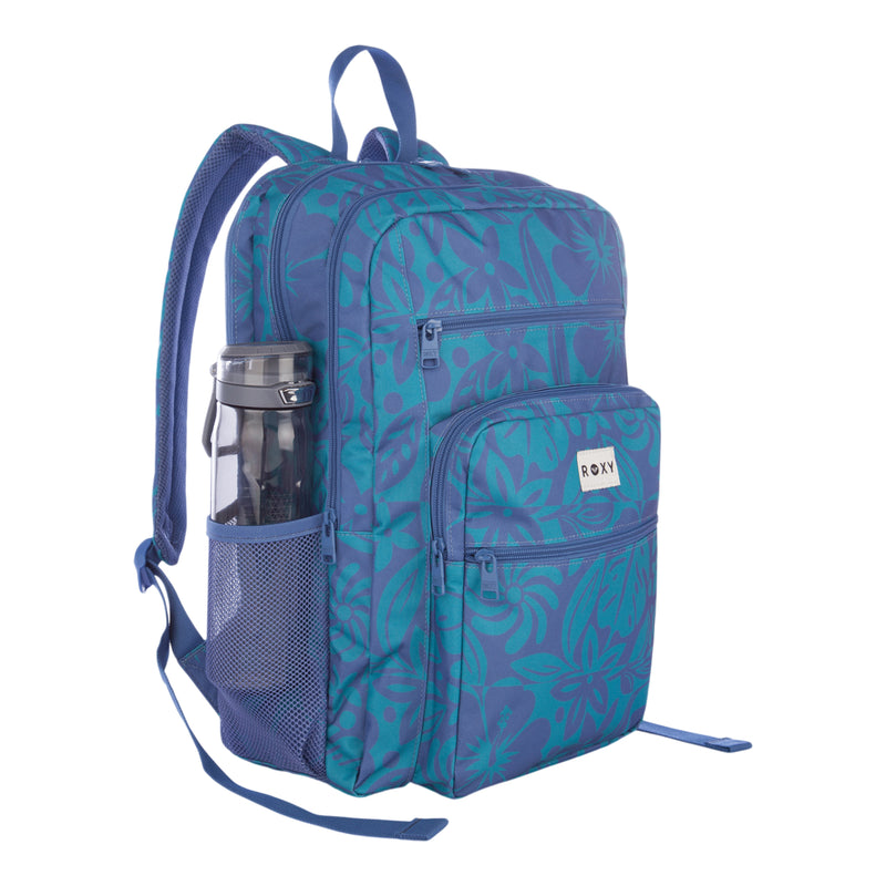 The Roxy Campus Crush Backpack features a blue and teal floral pattern made from recycled polyester, with multiple zippered pockets, convenient organizer compartments, a side mesh water bottle pocket, and a Roxy logo patch on the front.