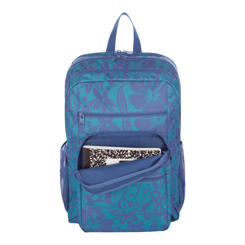 The Roxy Campus Crush Backpack, crafted from recycled polyester in a blue floral pattern, features convenient organizer pockets and a front pocket that unzips to reveal a black and white composition notebook inside.