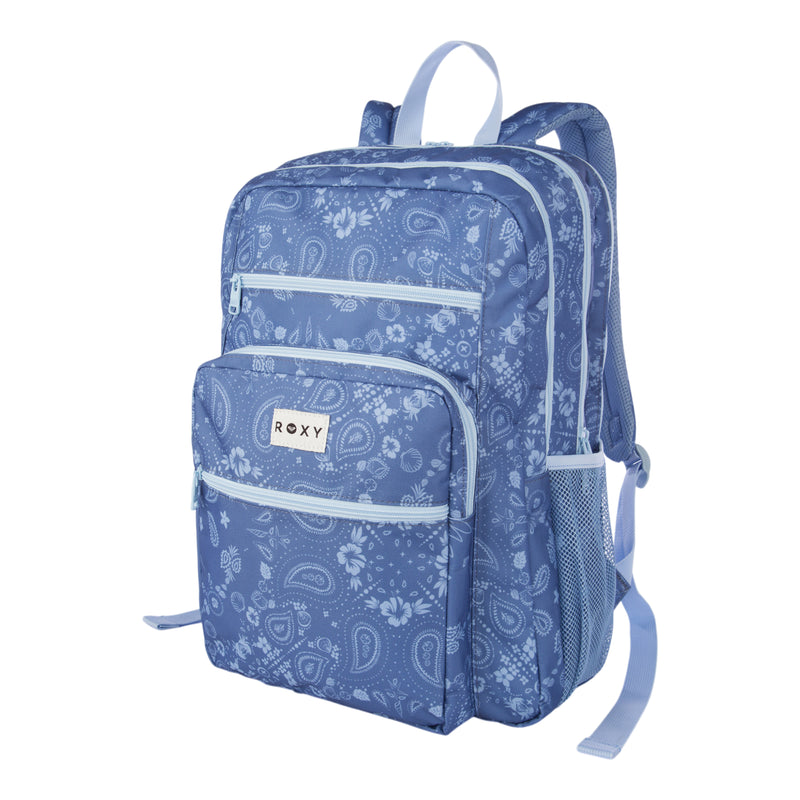 The Roxy Campus Crush Backpack features a light blue recycled polyester construction with white paisley patterns. It includes multiple zippered compartments, organizer pockets, mesh side pockets, a padded laptop sleeve, and adjustable straps.