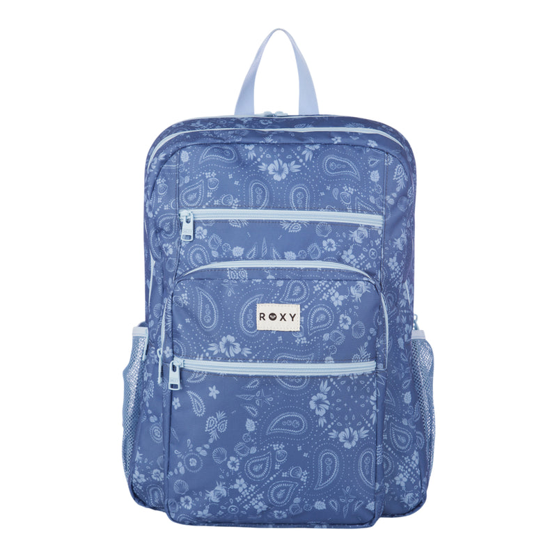 The Roxy Campus Crush Backpack features a light blue design with white paisley patterns and is crafted from recycled polyester. It offers three zippered compartments, organizer pockets, a padded laptop sleeve, two mesh side pockets, and a top handle. A white Roxy label accents the front pocket.
