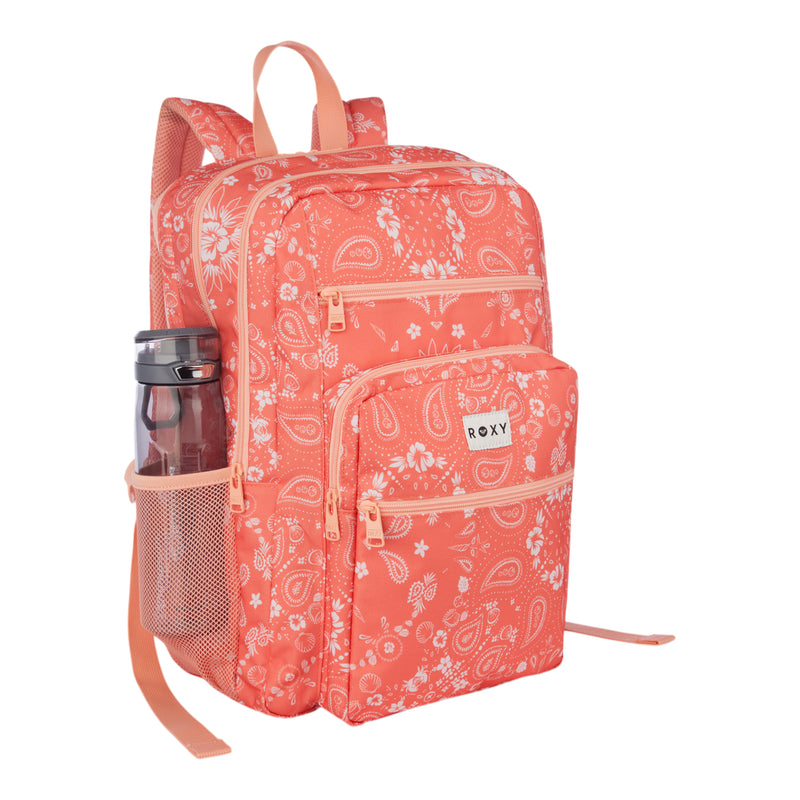 The Roxy Campus Crush Backpack in coral pink showcases white paisley and floral patterns, multiple zippered compartments, convenient organizer pockets, a side mesh pocket for your water bottle, and a ROXY logo on the front pocket. Made from recycled polyester, it also features a padded laptop sleeve for extra protection.