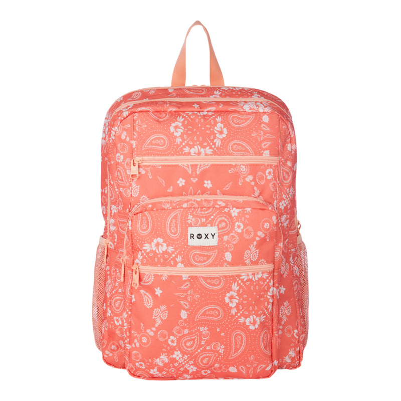 The Roxy Campus Crush Backpack features a coral pink hue with white paisley and floral designs, multiple zippered compartments, mesh side pockets, a padded laptop sleeve, convenient organizer pockets, and a Roxy logo patch on the front. Crafted from recycled polyester.