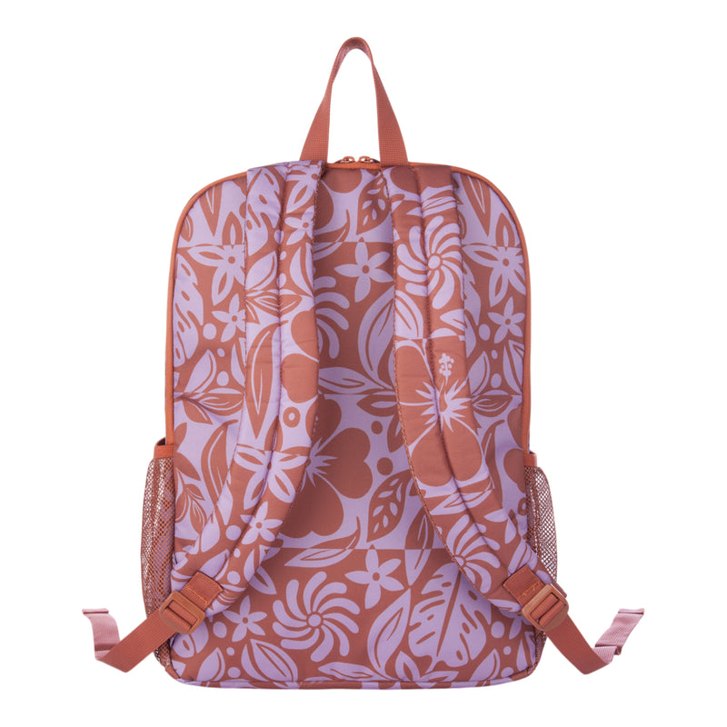 The Campus Crush Backpack by Roxy is a pink and purple recycled polyester backpack with floral and leaf patterns, featuring two adjustable shoulder straps, side mesh pockets, a top handle, and convenient organizer pockets, shown from the back.