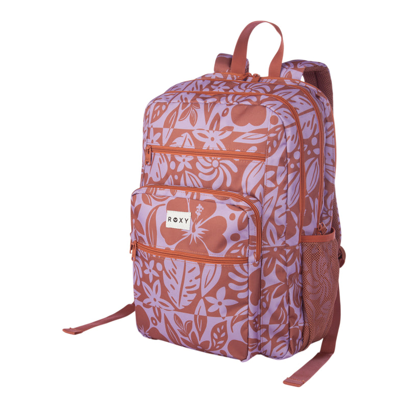 Shown on a white background, the Roxy Campus Crush Backpack features a pink and purple floral pattern and is made from recycled polyester. It offers multiple zippered compartments, organizer pockets, mesh side pockets, a padded laptop sleeve, and adjustable shoulder straps.