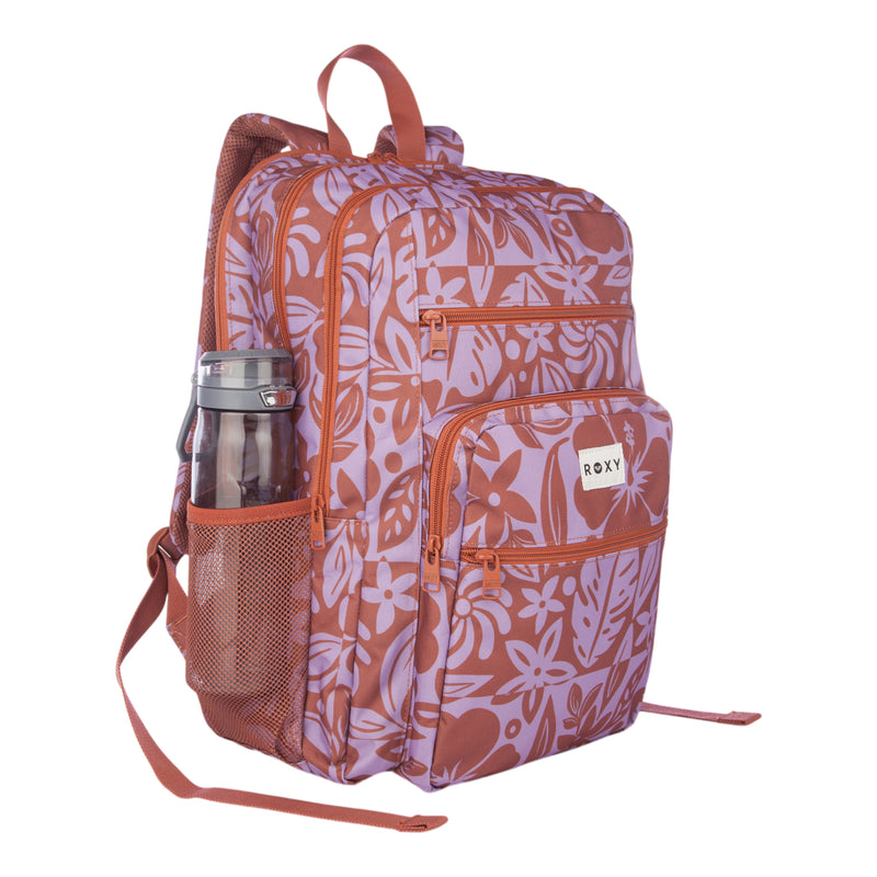 Introducing the Roxy Campus Crush Backpack, featuring a mauve and lavender floral print on recycled polyester, multiple zippered compartments, a mesh side pocket for your water bottle, padded laptop sleeve for protection, convenient organizer pockets, and the signature Roxy logo on the front.