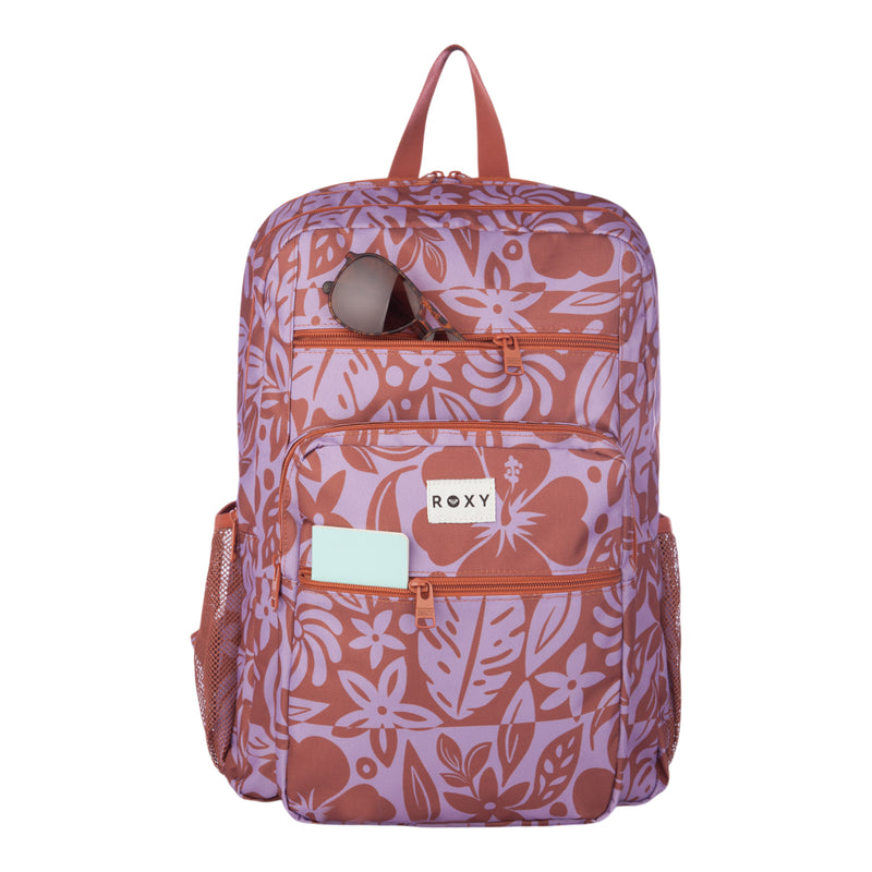 The Roxy Campus Crush Backpack is a pink and orange floral recycled polyester bag featuring two front zippered pockets, mesh side pockets, organizer pockets for easy storage, a top pocket perfect for sunglasses, and a mint green card in the lower pocket.