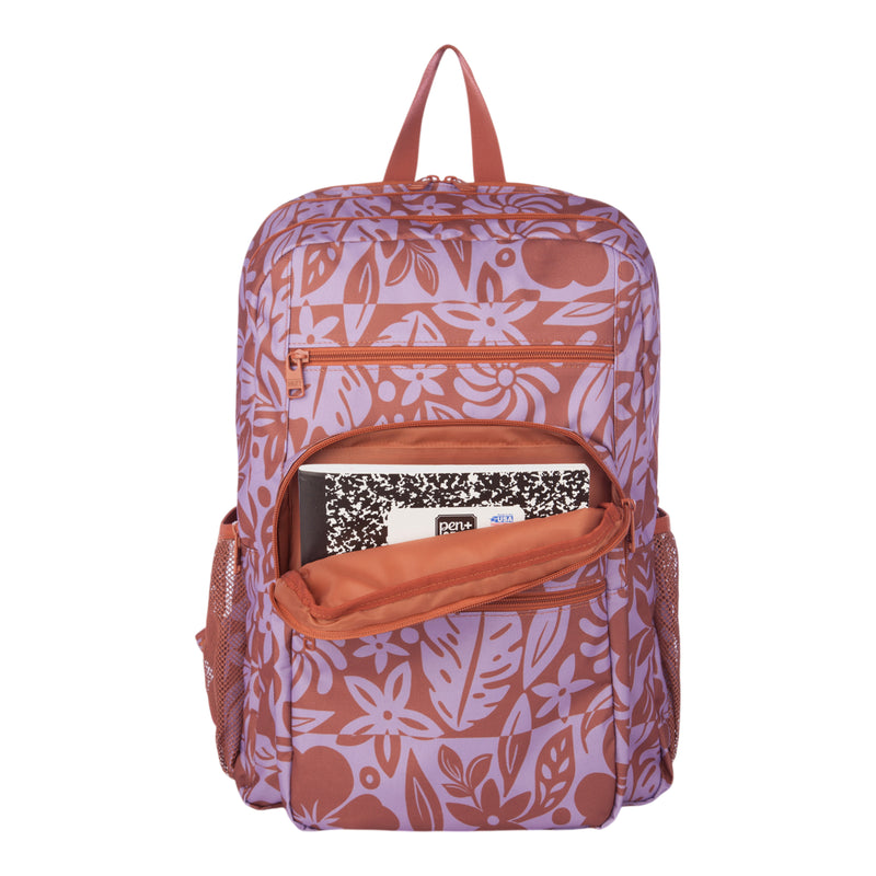 The Roxy Campus Crush Backpack features a pink and orange floral pattern on recycled polyester and includes an open front pocket that reveals a black-and-white composition notebook and a laptop inside. Thoughtfully designed, it offers mesh side pockets, a top handle, multiple organizer compartments throughout, and a padded laptop sleeve to keep your device secure while you’re on the move.