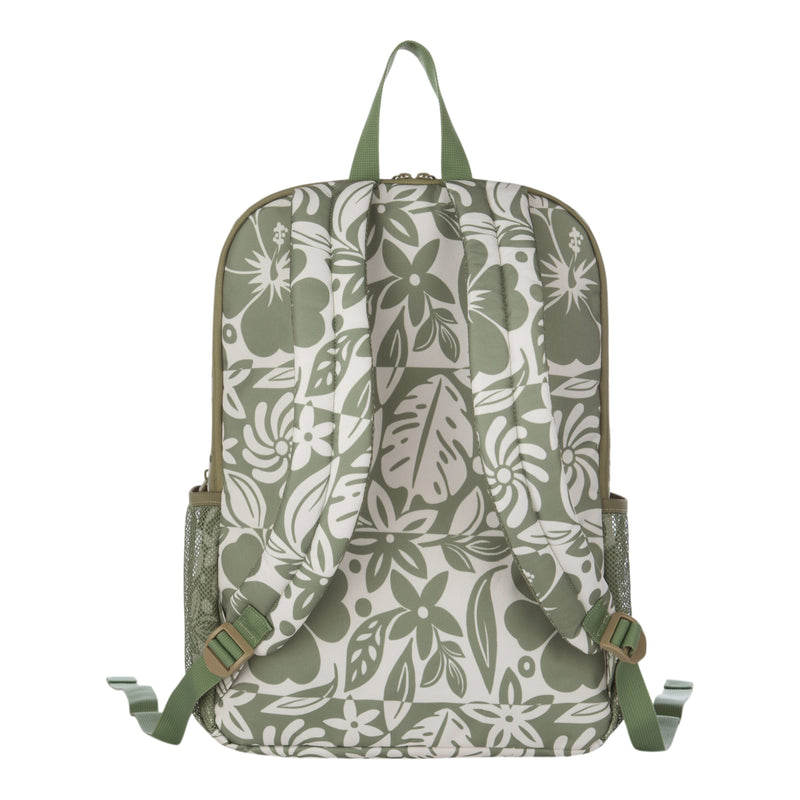 The Roxy Campus Crush Backpack, shown from the back, features a green and white floral and leaf pattern on recycled polyester. It includes adjustable straps, a top handle, mesh side pockets, and convenient organizer pockets.