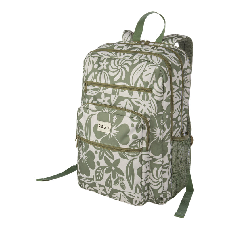 The Roxy Campus Crush Backpack features a green and white floral pattern, crafted from recycled polyester. It offers multiple zippered compartments, organizer pockets for easy storage, a mesh side pocket, padded laptop sleeve, and a top handle. The brand’s logo is visible on the front pocket.