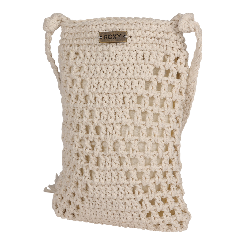 The Chips And Guac Phone Bag by Roxy is a cream-colored, crocheted shoulder bag with a woven pattern, featuring a metal ROXY logo at the top and a braided strap—a stylish accessory perfect for any occasion.