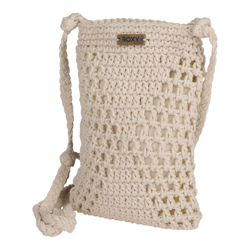 Introducing the Chips And Guac Phone Bag by Roxy: a cream-colored, crocheted shoulder bag featuring a braided strap and a subtle metal ROXY logo on the front—blending effortless charm with Roxy’s signature branding.