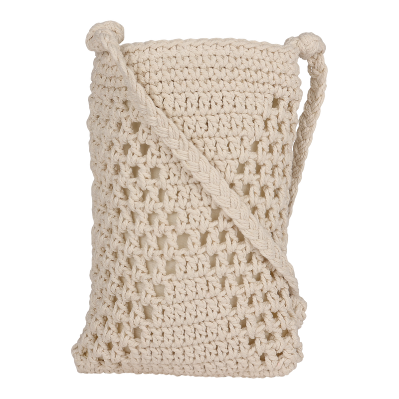 The Chips And Guac Phone Bag by Roxy is a cream-colored, hand-crocheted crossbody featuring a textured open-weave pattern and a thick, braided strap, shown against a plain white background.