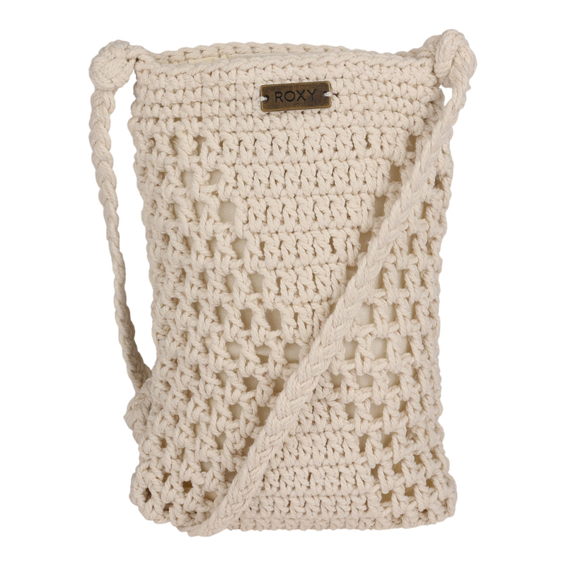 The Chips And Guac Phone Bag by Roxy is a cream-colored, crocheted crossbody featuring a braided strap and a small metal plaque with the ROXY logo on the front upper section—perfect for adding a laid-back touch to any outfit.