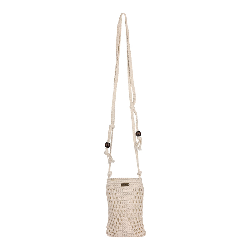 Egret crochet crossbody bag, the Chips And Guac Phone Bag by Roxy, featuring a long adjustable strap and small decorative wooden beads. The bag displays an open weave pattern and a small rectangular ROXY logo label on the front, adding a branded touch to this stylish accessory. The background is plain white.