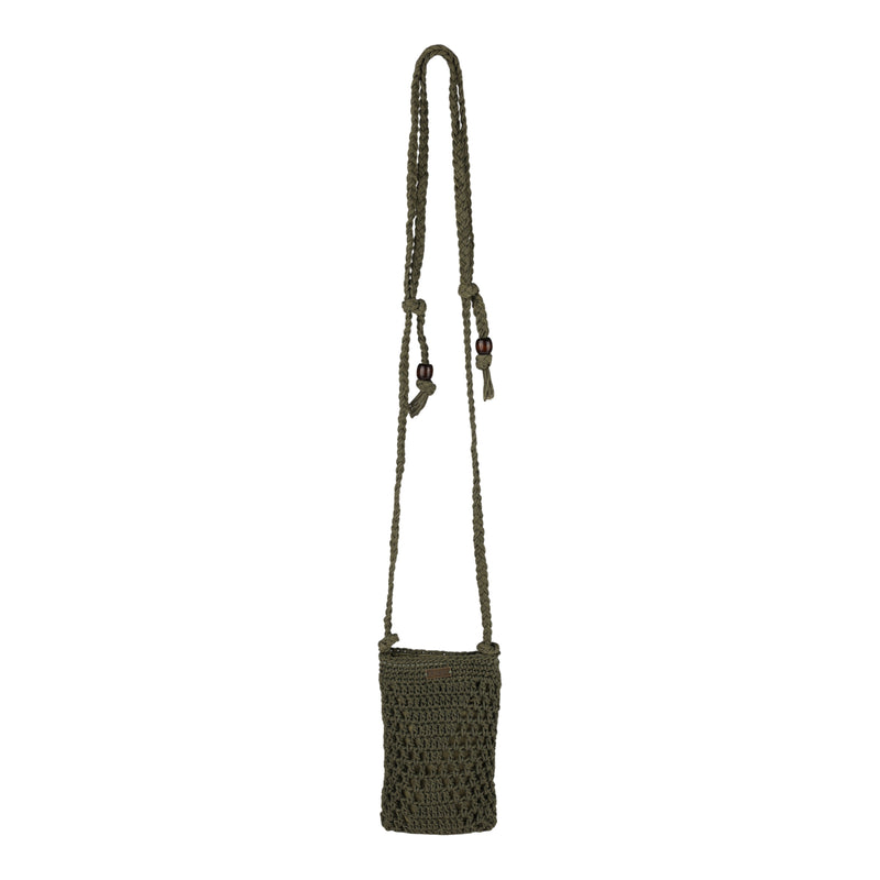 A small, dark green crocheted Chips And Guac Phone Bag from Roxy, featuring a long, stylish crossbody strap with two knotted accents adorned with round beads, displayed on a white background.