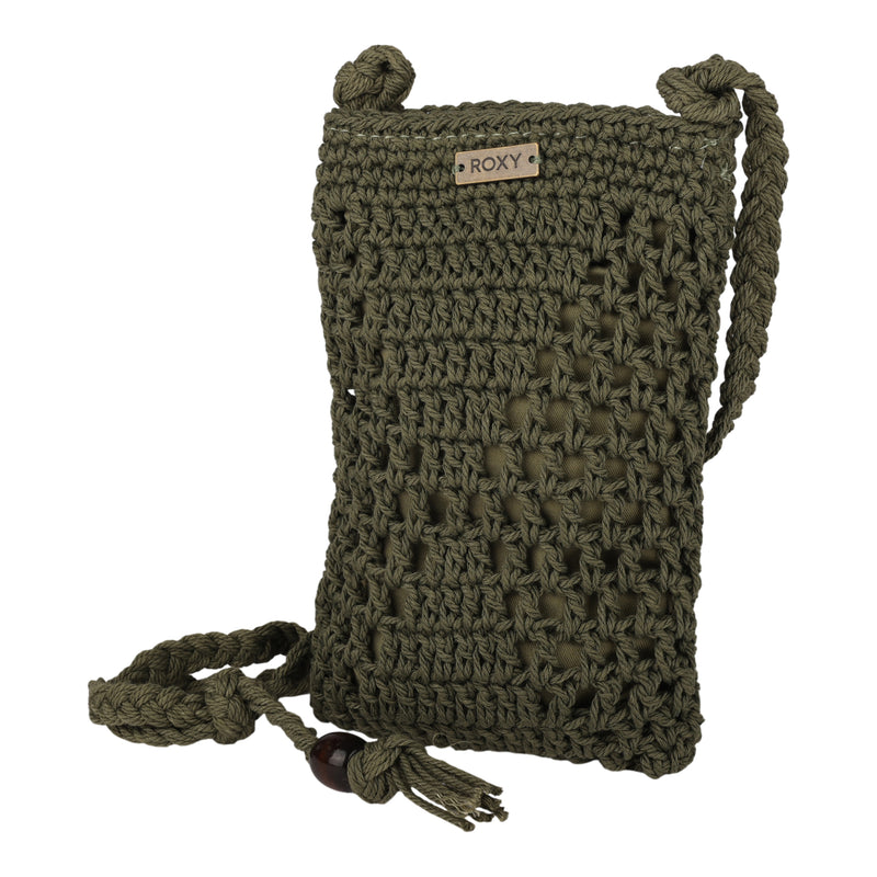 Introducing the Chips And Guac Phone Bag by Roxy—an olive green crocheted crossbody bag with a twisted strap, playful tassel, and signature ROXY label on the front. A truly stylish accessory for any occasion!.