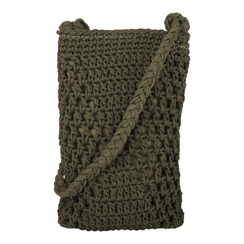 The Roxy Chips And Guac Phone Bag is a small olive green crocheted shoulder bag with a long crossbody strap, displayed upright against a plain white background. This stylish accessory adds effortless charm to any outfit.