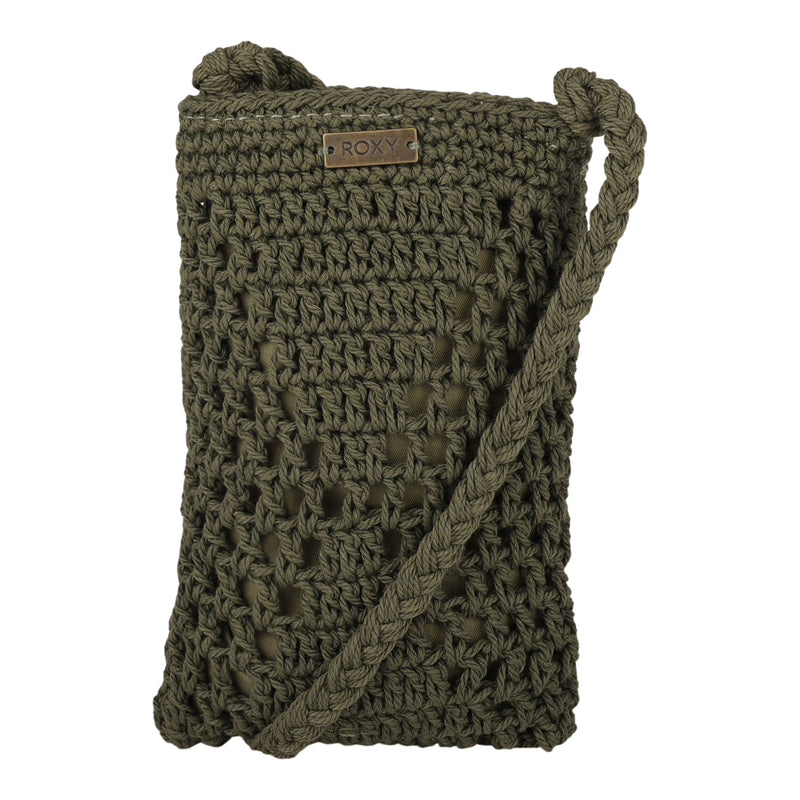 The Chips And Guac Phone Bag by Roxy is an olive green, crocheted crossbody with a long, thick strap and a signature ROXY metal tag on the front. This stylish bag features an open, airy pattern and a soft, rectangular shape.