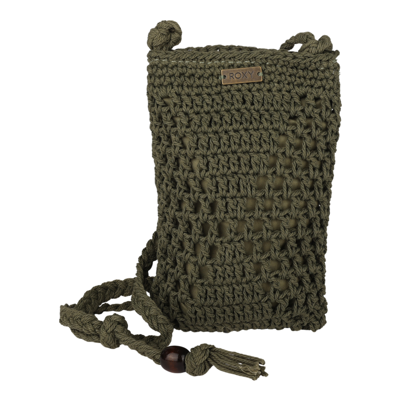 Oil green Chips And Guac Phone Bag by Roxy featuring a long braided crossbody strap, wooden bead detail, and a small metallic ROXY logo plate on the front—an effortlessly stylish accessory perfect for any occasion.