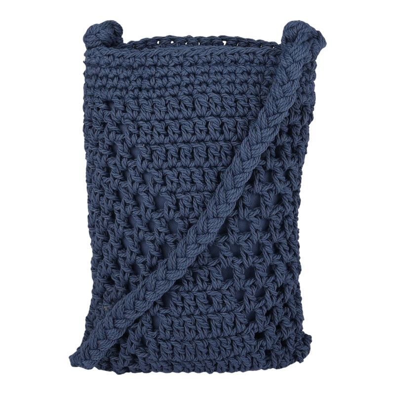 A navy blue, hand-crocheted crossbody bag with a thick strap and textured pattern, the Chips And Guac Phone Bag by Roxy stands upright against a white background. This stylish accessory features the signature ROXY logo for an added touch of charm.