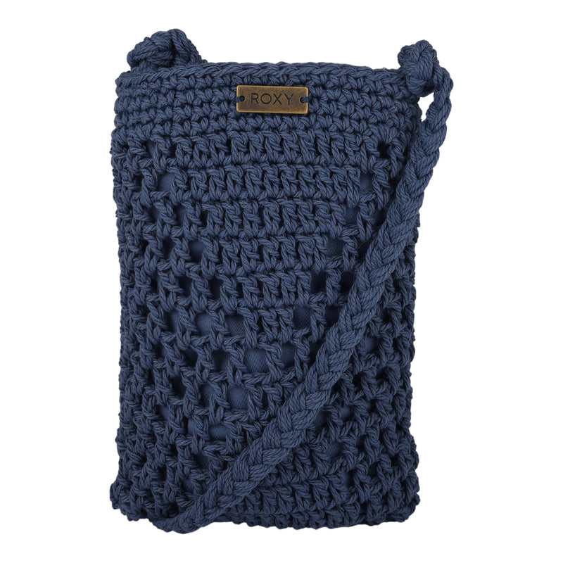 Introducing the Roxy Chips And Guac Phone Bag, a vintage indigo, hand-crocheted crossbody bag featuring a braided strap and a small rectangular ROXY logo plaque near the top. This stylish accessory blends artisanal charm with modern flair.
