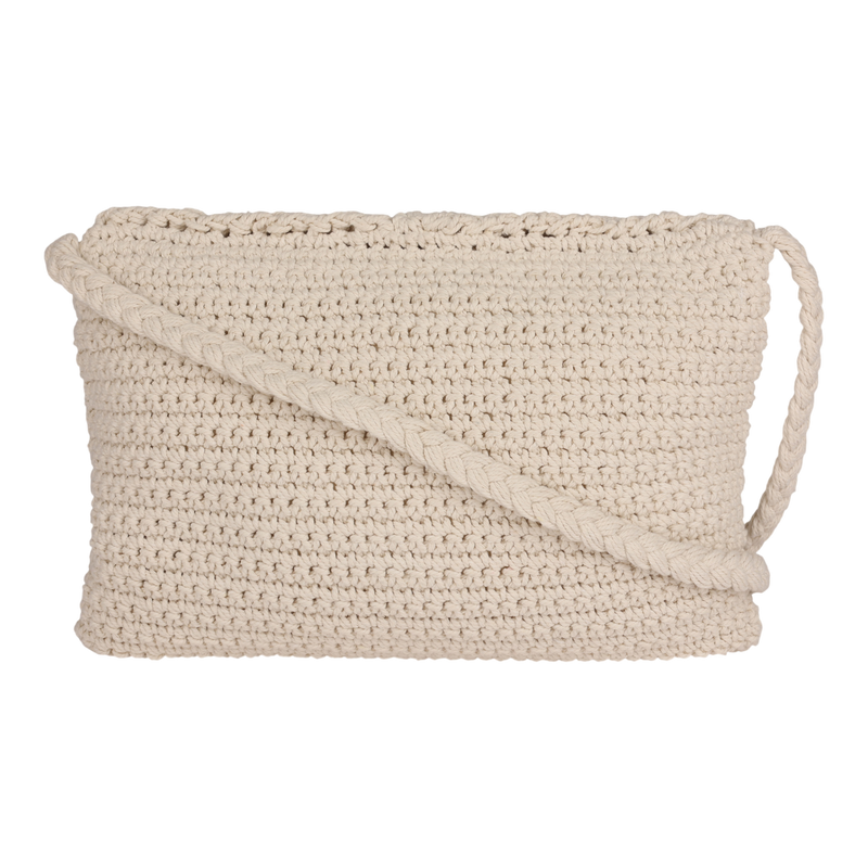 The Roxy Chips And Guac Medium Crossbody Bag—a beige, rectangular, crocheted bag featuring a braided strap—is showcased against a plain white background, perfect for everyday use.