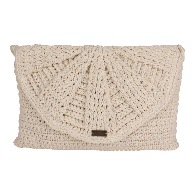 Introducing the Chips And Guac Medium Crossbody Bag by Roxy: a cream-colored, hand-knitted clutch featuring a textured, fan-shaped flap and a small rectangular metal tag on the front—an everyday essential that seamlessly combines elegance and versatility.