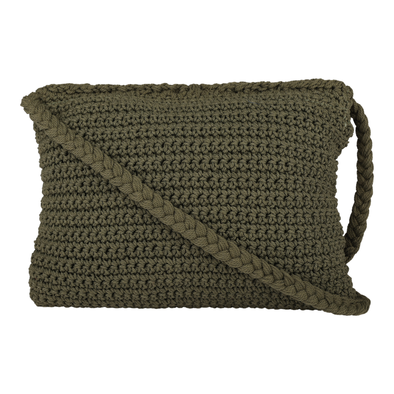 The Roxy Chips And Guac Medium Crossbody Bag—a rectangular olive green crocheted accessory—features a matching braided strap for hands-free convenience, shown against a plain white background.
