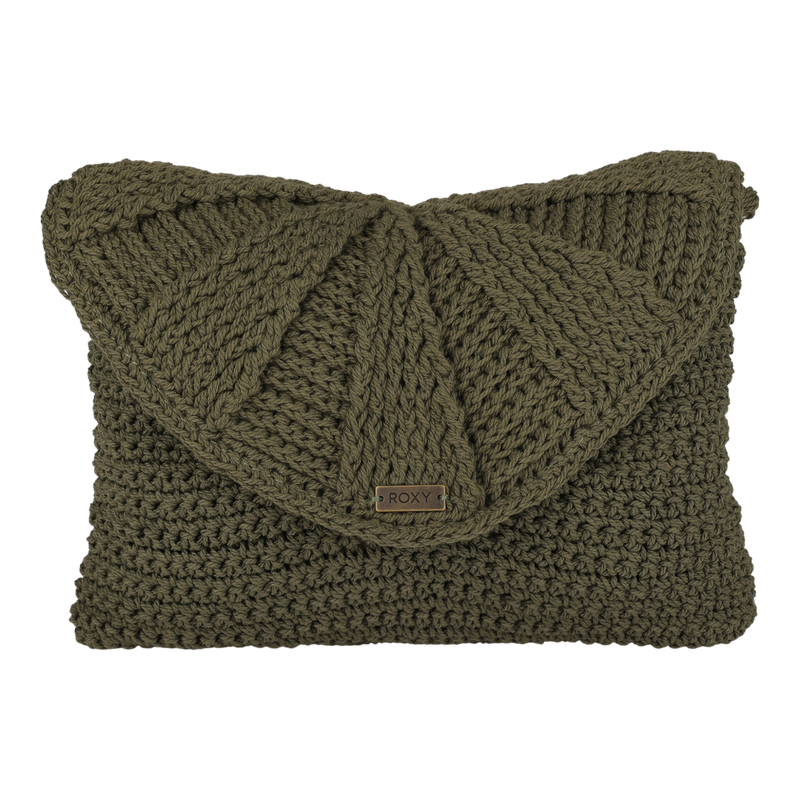 The Roxy Chips And Guac Medium Crossbody Bag features an olive green knitted design with a textured flap and a small metal Roxy label on the front, making it an everyday essential for effortless, hands-free style.