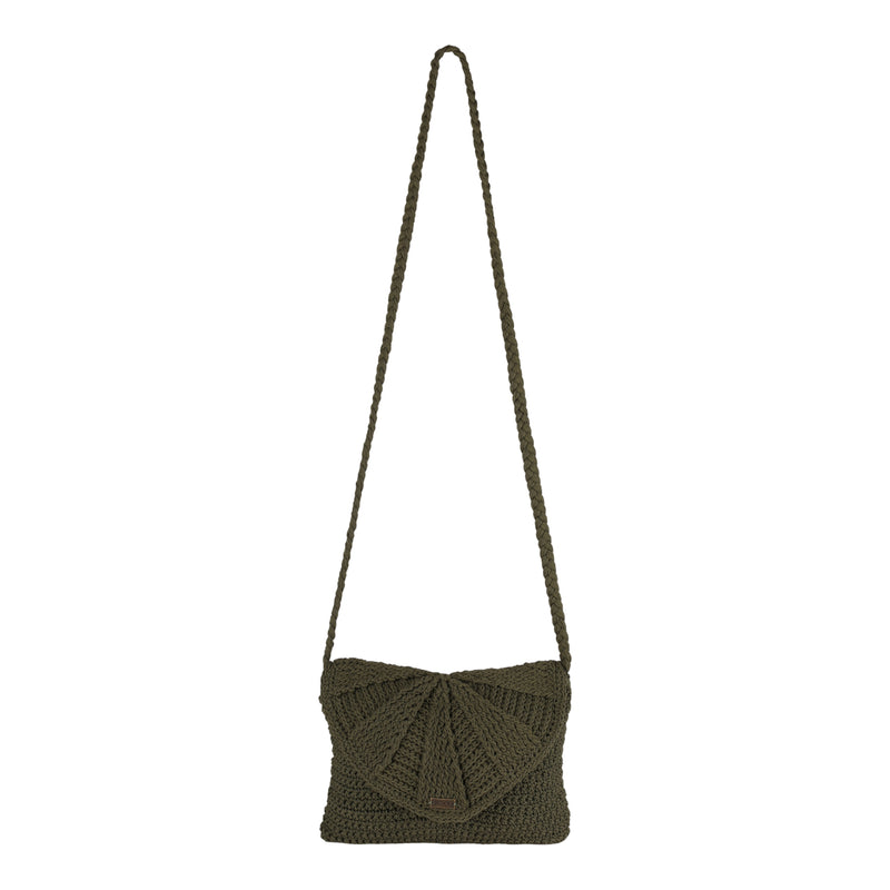 Roxy Chips And Guac Medium Crossbody Bag in Oil Green—a stylish crocheted shoulder bag featuring a long strap and fan-shaped flap closure, designed for hands-free convenience and displayed on a white background.