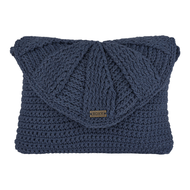 Introducing the Chips And Guac Medium Crossbody Bag by Roxy—a blue, chunky knit purse featuring a flap closure and a small metal Roxy label on the front. This everyday essential is perfect for keeping your must-haves stylishly organized.